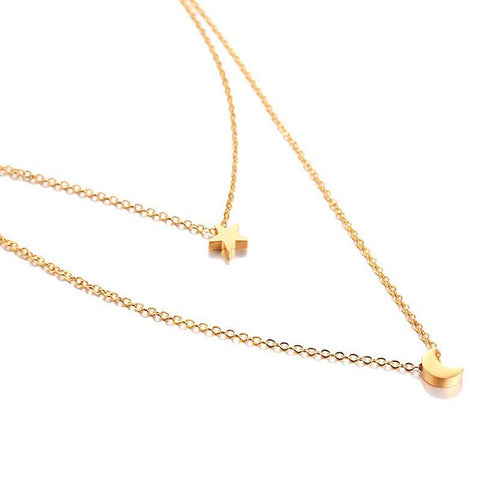 Star Moon Charm Layered Choker For Women Gold Color